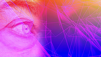 Human Eye Overlayed with Diagrams Illustrating the Concept of Artificial Intelligence and Humans and Technology Collaborating copy